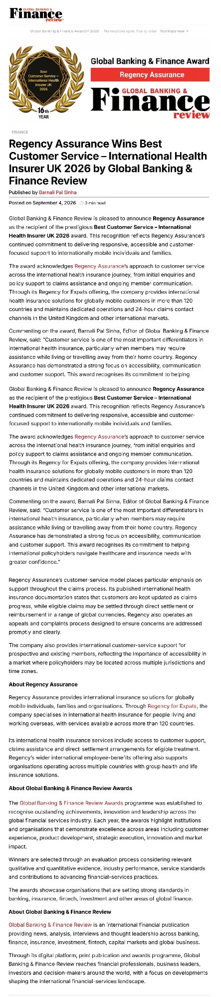 Regency Wins Global Banking & Finance Award for Best Customer Service - International Health Insurer 2026